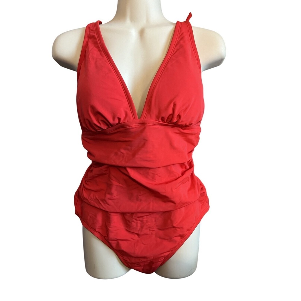 Kona Sol Womens Red Ruched V-Neck One Piece Swimsuit Tummy Control Large L